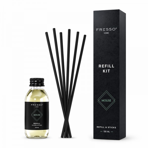 Fresso - Κιτ Αναπλήρωσης με Άρωμα Molise 100 ml Premium Home Refill Kit και 6 Μαύρα Στικ από Fiberglass για Αρωματικό Χώρου Reed Diffuser - 1 Τεμ.